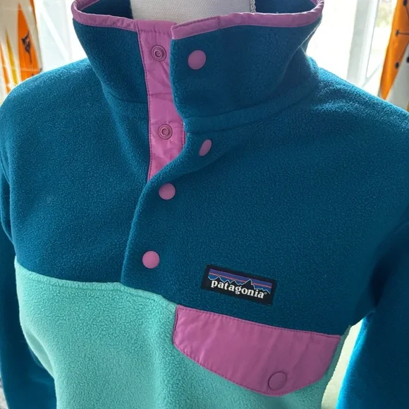 Patagonia Synchilla Womens Teal and Pink Snap Fleece Pullover Small - Picture 11 of 14